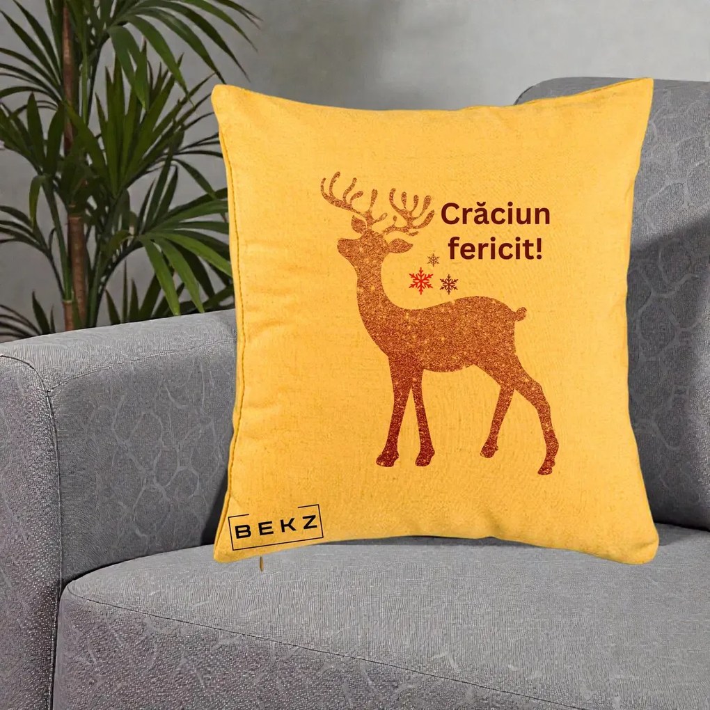 Perna Decorativa Ren Sclipitor Glitter Craciun Fericit, 40x40 cm, Galben, Husa Detasabila, Perna Inclusa, BEKZ®