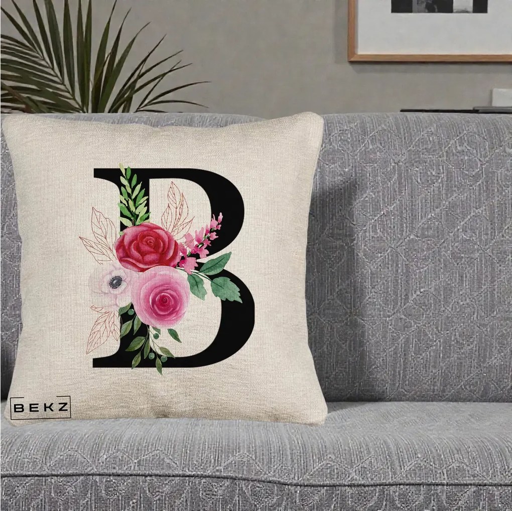Cadou Personalizat - Perna Personalizata Monograma Florala Litera B, 40x40 cm, Bej Canapea, Husa Detasabila, Perna Inclusa, BEKZ®