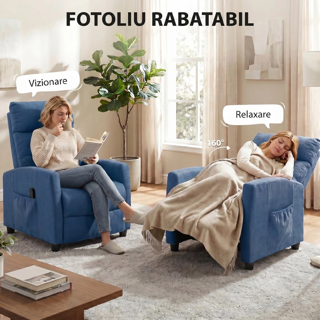 HOMCOM Fotoliu Masant Reclinabil 160°, Chenille cu Suport pentru Picioare și Telecomandă, Albastru Închis | Aosom Romania