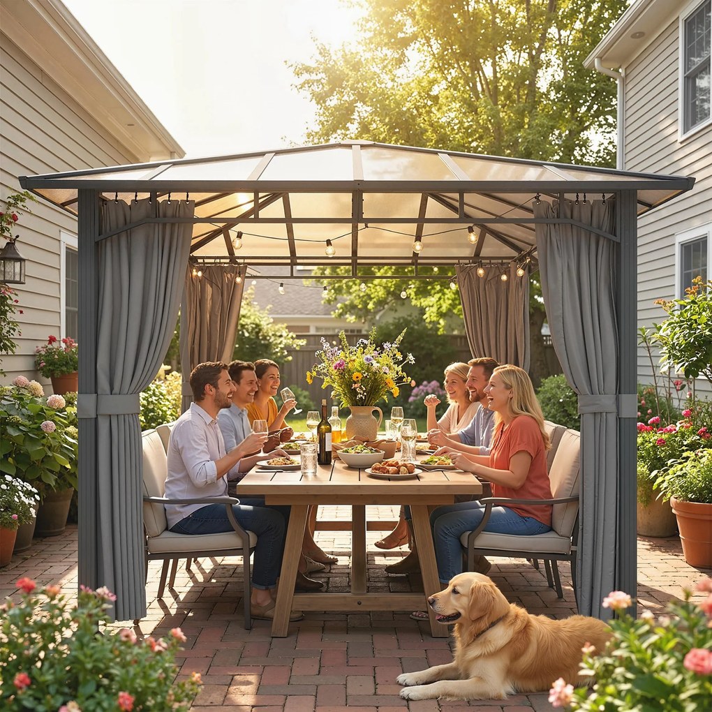 Outsunny Pavilion de grădină aprox. 3 x 3 m, pavilion metalic cu acoperiș din policarbonat de 6 mm, 4 părți laterale, UV50+ gri închis | Aosom Romania