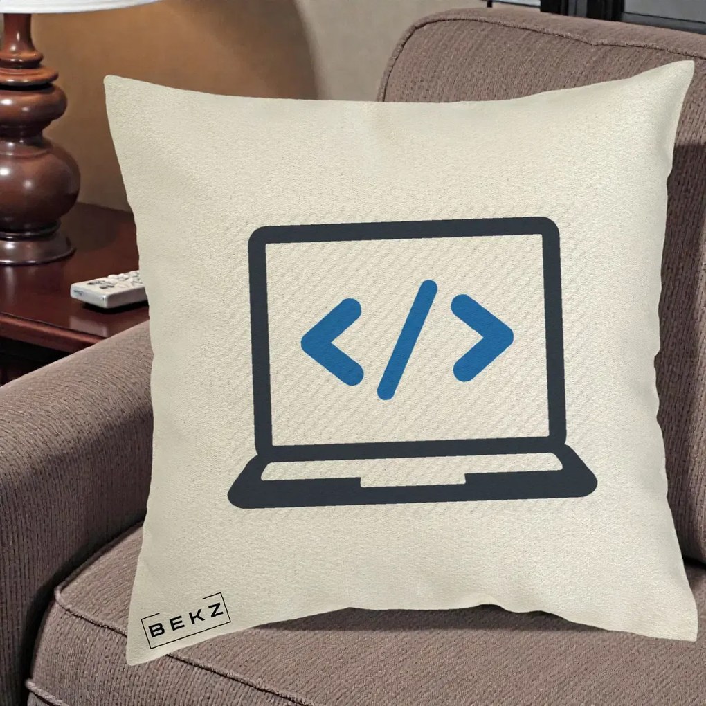 Perna Personalizata Laptop Cod HTML, 40x40 cm, Ecru, Husa Detasabila, Perna Inclusa, BEKZ®