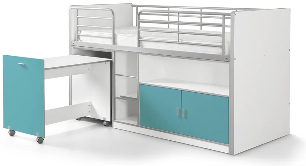 Pat Supraetajat cu Birou Extensibil și Spații de Depozitare, Turcoaz (Metal și PAL) – Bonny – Vipack