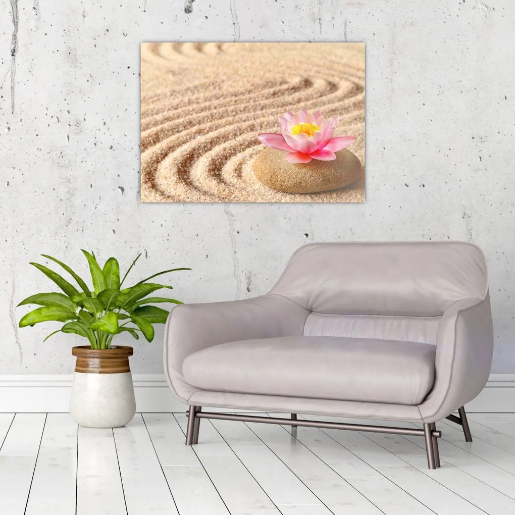Tablou cu piatră și floare pe nisip (70x50 cm)