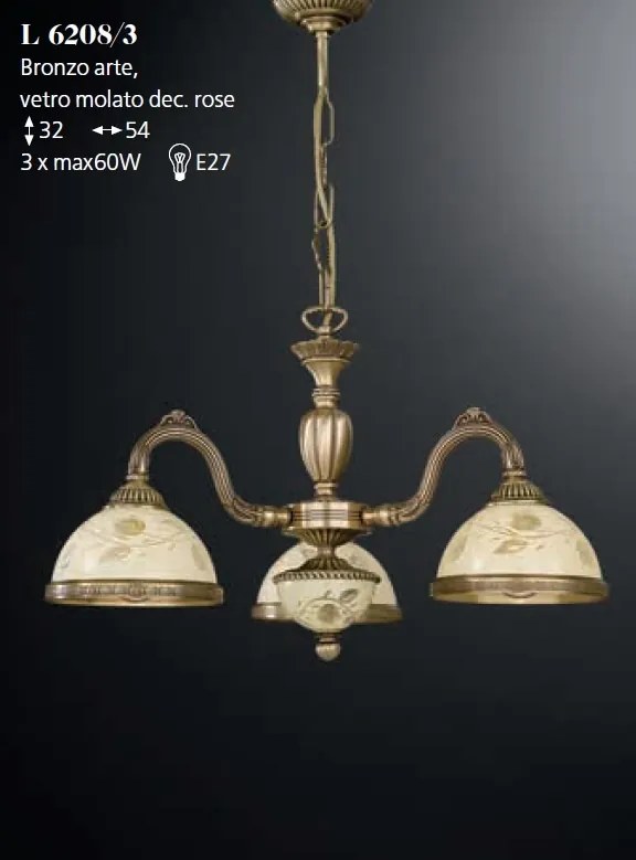 Candelabru cu 3 brate din alama cu sticla decorata design italian 6208