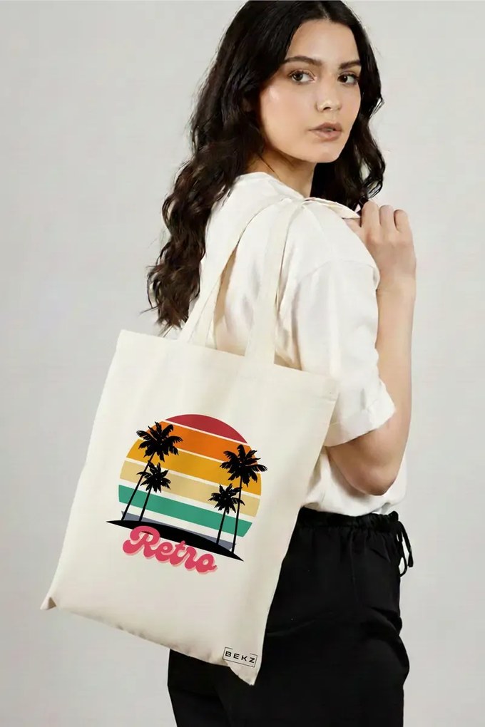 Sacosa de Panza pentru Cumparaturi, Geanta Tote, model Retro, 38x34.5 cm, Alba, BEKZ®