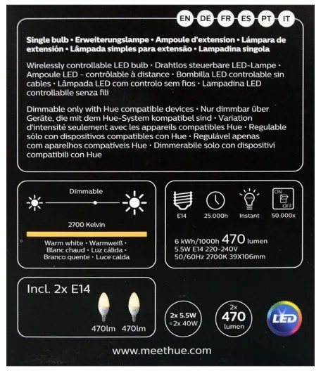 SET 2x LED Bec dimmabil Philips Hue WHITE E14/5,5W/230V 2700K