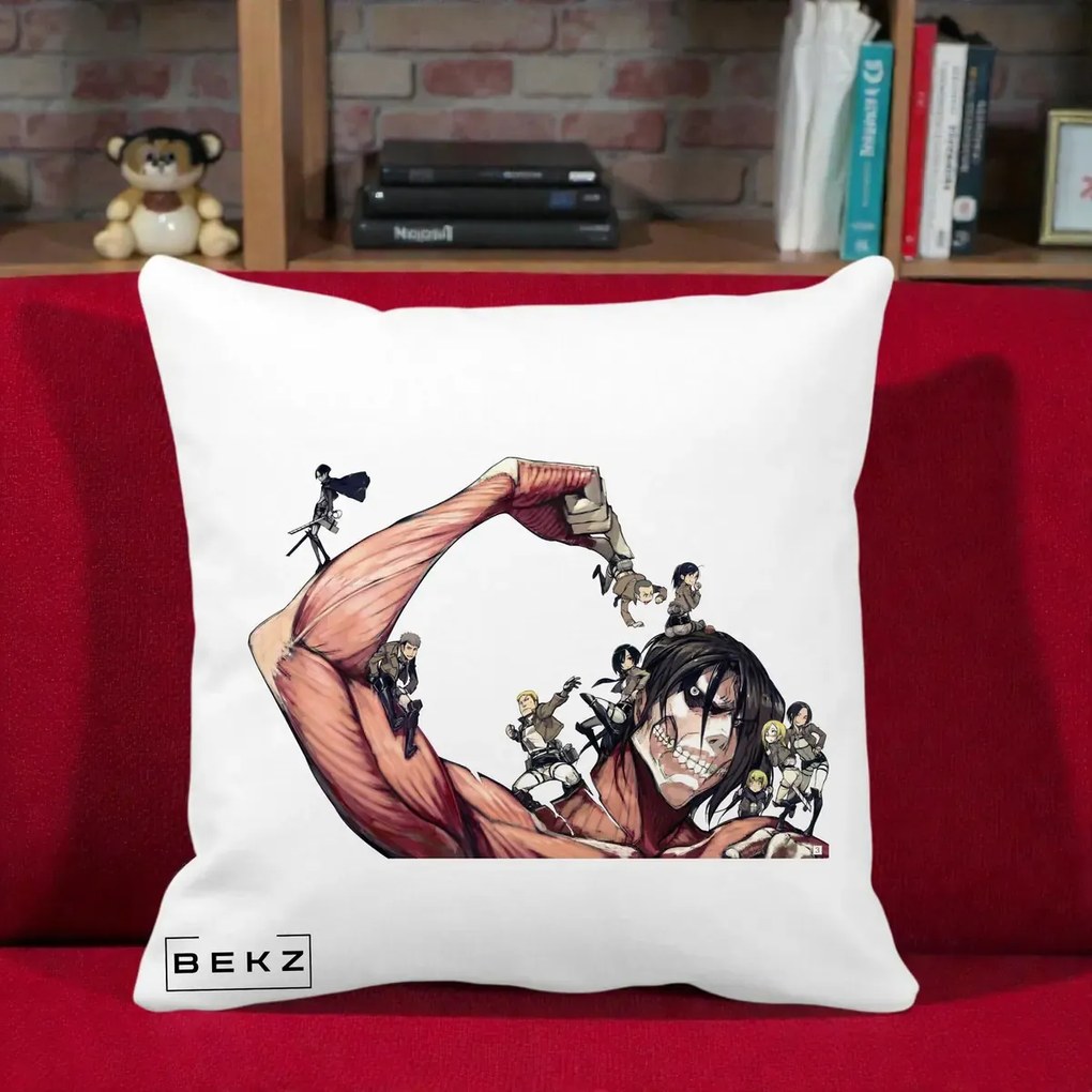 Perna Personalizata Attack on Titan Eren Titan Grup, 40x40 cm, Alba Mata, Husa Detasabila, Perna Inclusa, BEKZ®