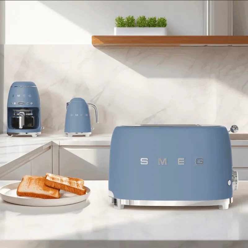Prajitor de paine SMEG 50's Style TSF01SBMEU, 950 W, 2 felii, 6 trepte, Tava pentru firimituri, Cablu integrat, Otel inoxidabil, Albastru cenusiu