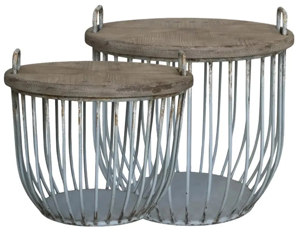 Set 2 măsuțe de cafea din lemn de chiparos și metal, aspect vintage