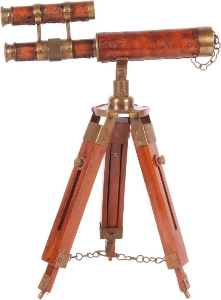 Telescop decorativ din alamă și lemn, maro, aspect vintage, cu trepied reglabil și capac pe lanț, finisaj antichizat, 41 x 26 x 24 cm, „Galilée”