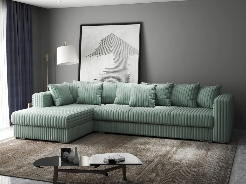 Colțar extensibil dumonde cu ladă de depozitare si sezut confortabil din spuma high-density, Gloria Ambience Mint 320x183 cm