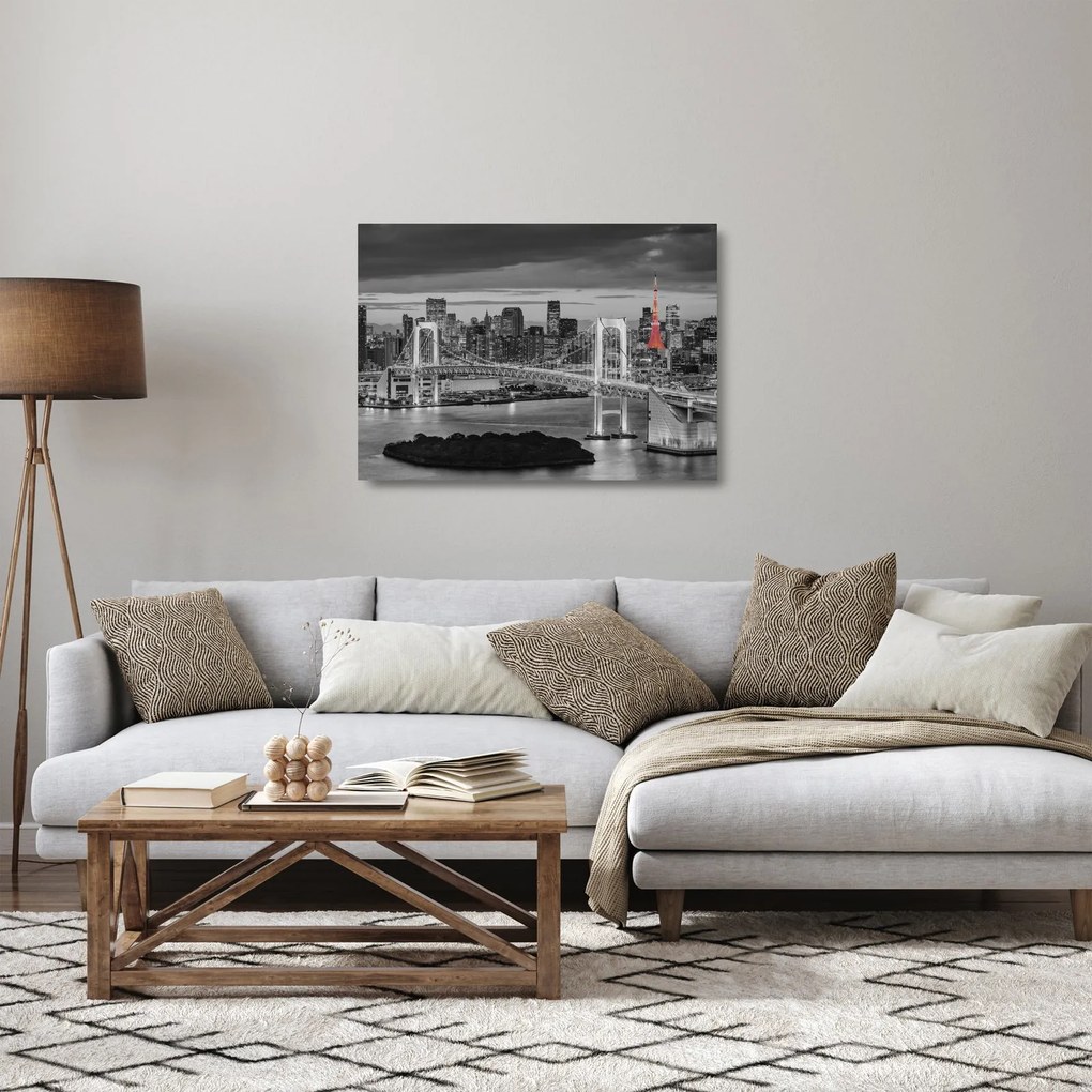 Tablou pe sticlă - Oraș mare cu un turn roșu (70x50 cm)