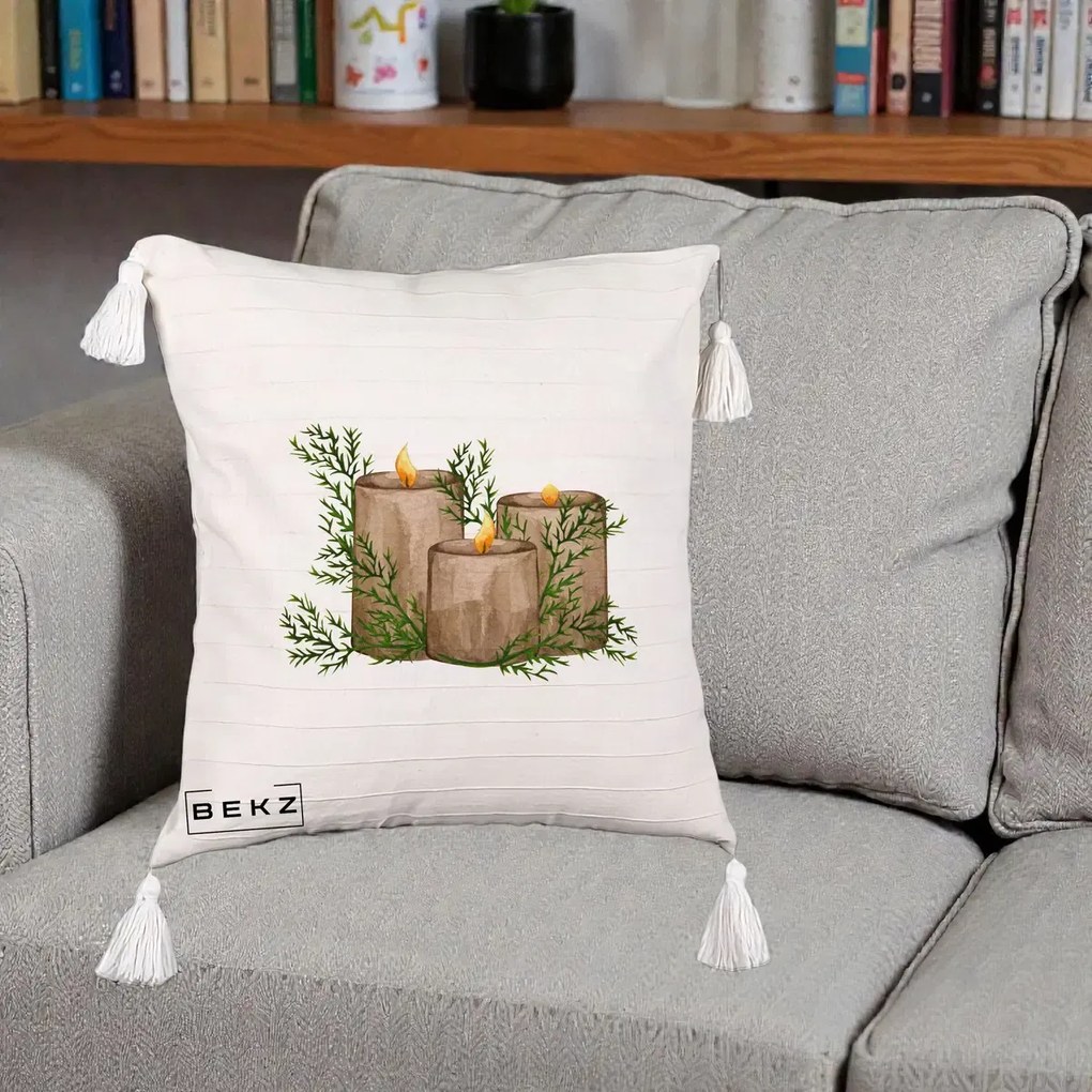 Perna Decorativa Lumanari Rustice cu Crengute Brad, 40x40 cm, Bej cu Franjuri, Husa Detasabila, Perna Inclusa, BEKZ®