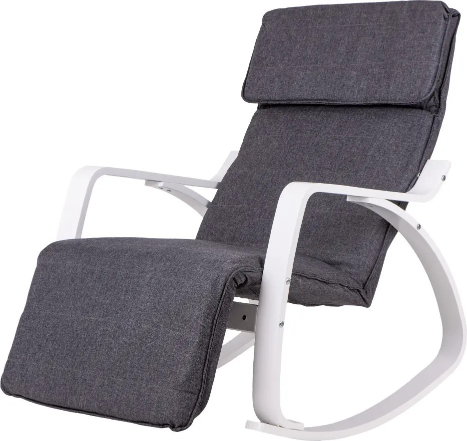 Scaun oscilant cu suport reglabil pentru picioare, cadru din lemn alb - gri
