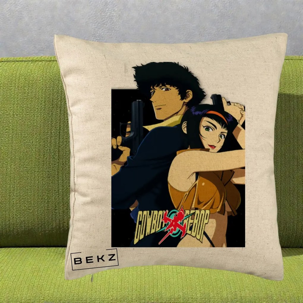 Perna Personalizata Cowboy Bebop Spike si Faye Poster, 40x40 cm, Bej, Husa Detasabila, Perna Inclusa, BEKZ®