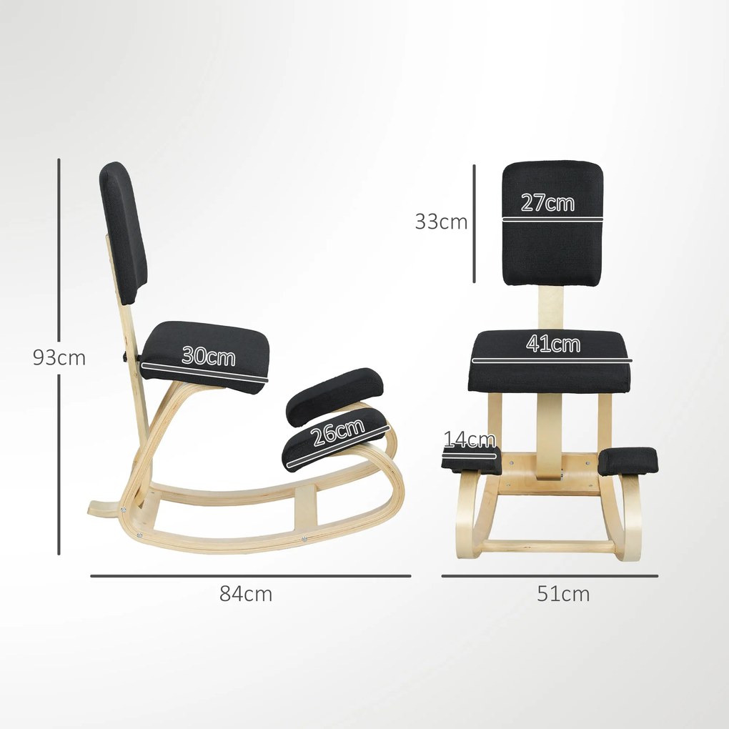 HOMCOM Scaun Ergonomic pentru Genunchi din Țesătură cu Aspect de In și Lemn de Mesteacăn, Negru | Aosom Romania
