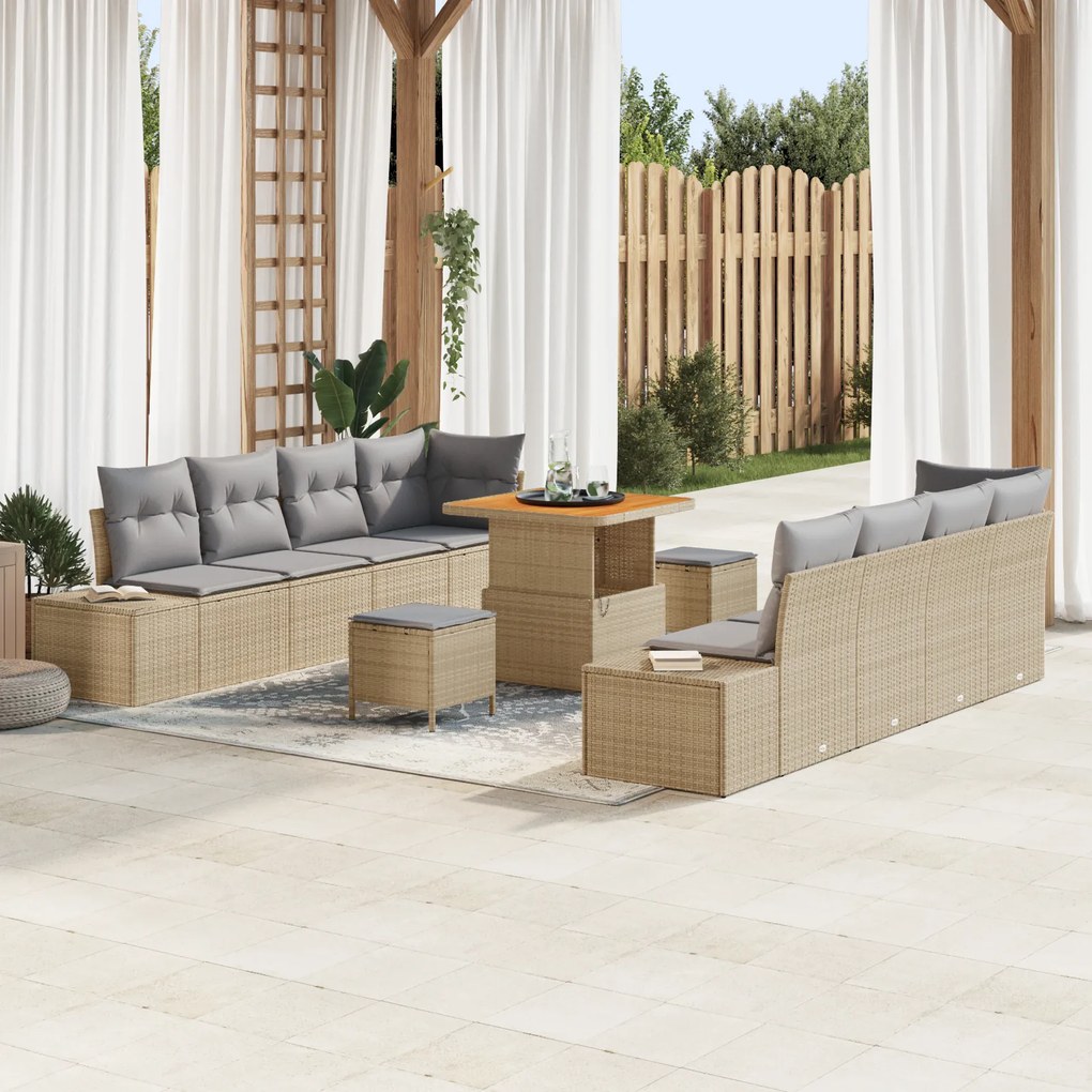 Set canapea de grădină vidaXL cu 11 piese cu perne Bej Ratan Poli Acacia