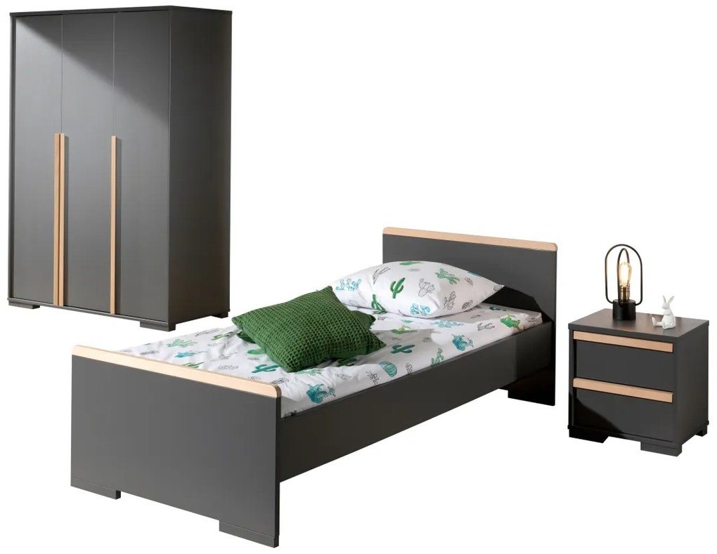 Set mobilier copii LONDON, pat 90x200 cm cu sertar depozitare / pat suplimentar + noptieră 2 sertare soft-close + dulap 2 uși cu rafturi și bară +
