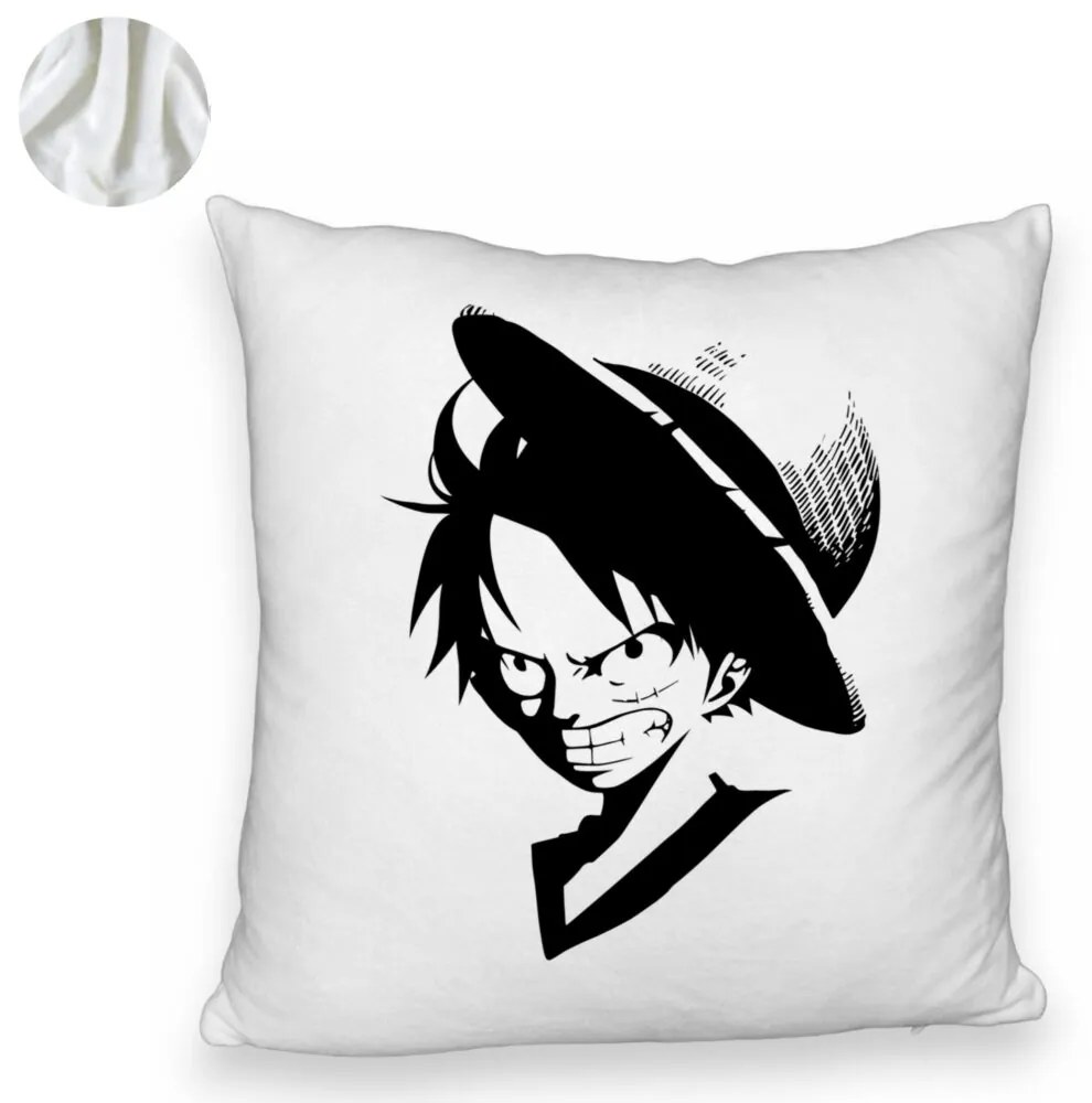 Perna Decorativa Fluffy cu One piece Luffy Black, 40x40 cm, Alba, Husa Detasabila, Burduf