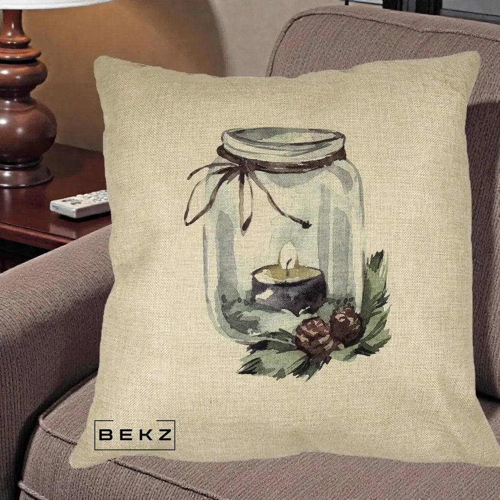 Perna Decorativa Felinar cu Lumanare si Conuri, 40x40 cm, Crem, Husa Detasabila, Perna Inclusa, BEKZ®