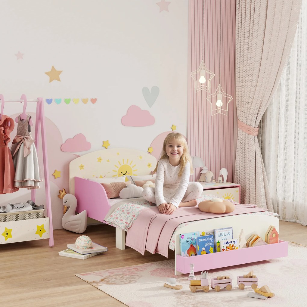 AIYAPLAY Pat copii mic, cadru cu design stele și spațiu de depozitare, roz | Aosom Romania