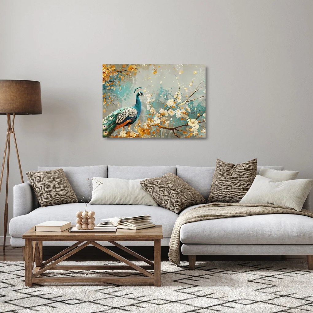 Tablou pe sticlă - Păun cu decor de aur (70x50 cm)