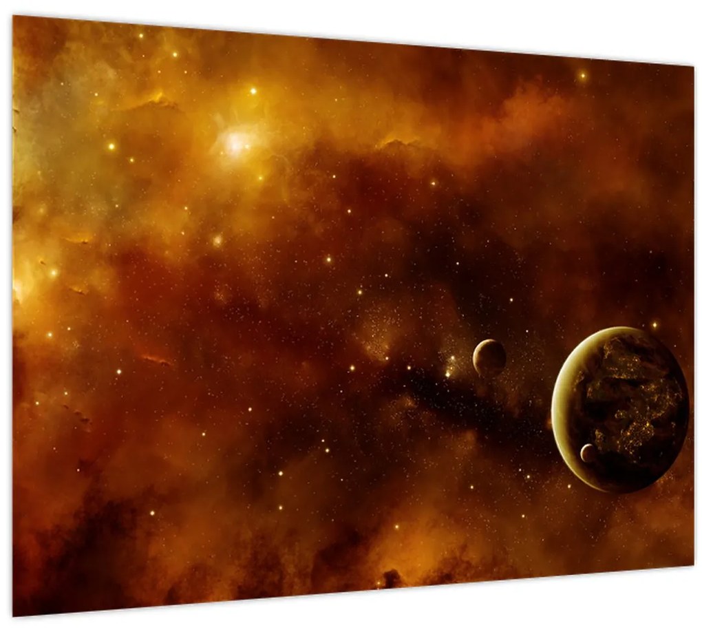 Tablou pe sticlă - Planete cu nebuloasă (70x50 cm)