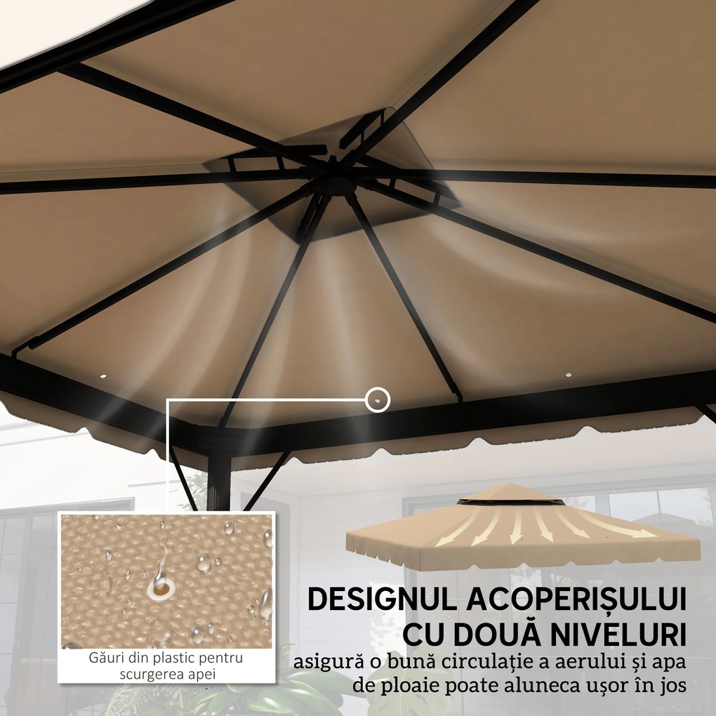 Outsunny Acoperiș de Schimb pentru Pavilion 3x3 m cu 2 Niveluri, Copertină Rezistentă la Apă din Poliester 170g/㎡ cu 8 Orificii de Drenaj, Bej | Aosom Romania