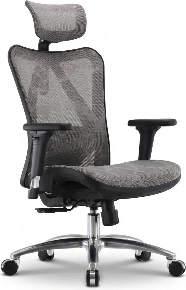 Scaun ergonomic SIHOO, pivotant, suport lombar 2D, tetiera 2D, cotiera 3D, inaltime reglabila, mecanism inclinare/blocare in 3 pozitii, Mesh/Textil, Gri, cadru Negru