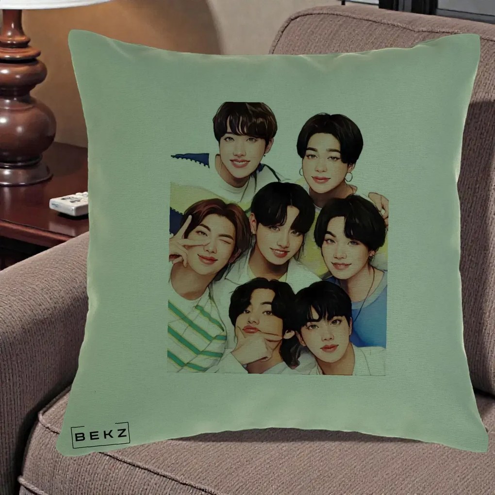 Perna Personalizata K-pop BTS Bangtan Boys Portret Grup Fanart, 40x40 cm, Verde, Husa Detasabila, Perna Inclusa, BEKZ®