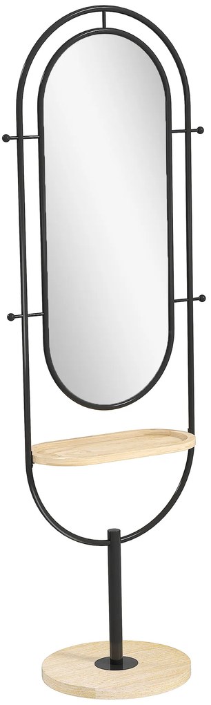 HOMCOM Oglindă de tip stand ovală cu suport de lemn, 4 cârlige și cadru metalic, 50 x 40 x 175,5 cm, negru | Aosom Romania