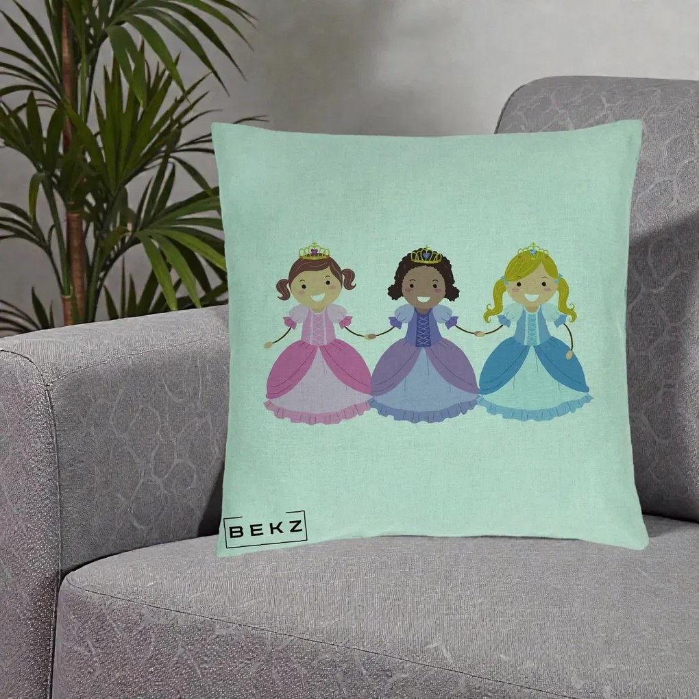 Perna Personalizata Printese Diverse Ilustratie, 40x40 cm, Verde Menta, Husa Detasabila, Perna Inclusa, BEKZ®