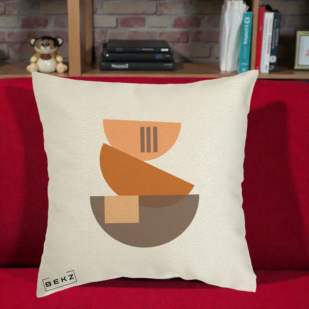 Perna Decorativa Geometric Bauhaus Boluri Portocaliu, 40x40 cm, Ecru, Husa Detasabila, Perna Inclusa, BEKZ®