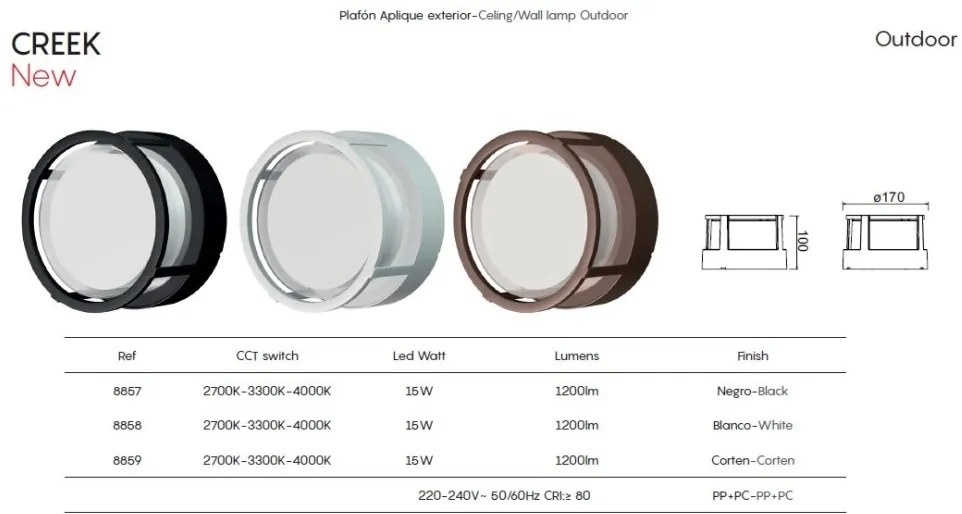 Aplica LED CCT pentru exterior IP65 CREEK diametru 17cm, alba MA-8858
