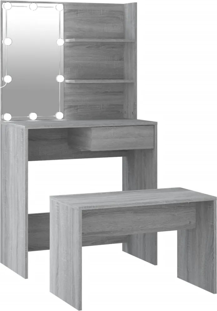 vidaXL Set măsuță de toaletă cu LED, sonoma gri, lemn prelucrat