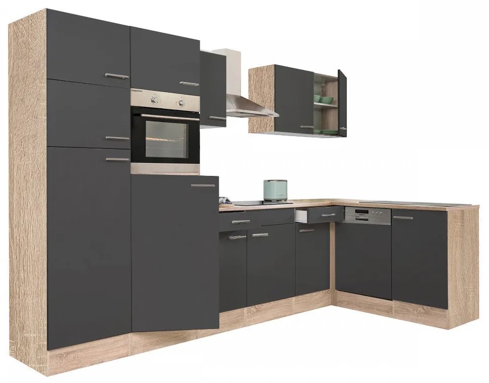 Mobilă de bucătărie de colț Yorki 340, corp din stejar sonoma, cu față antracit satinat