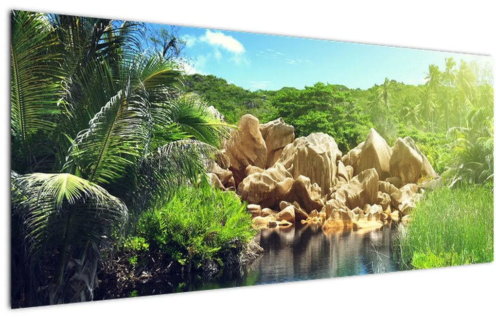 Tablou cu lac în jungla din Seychelles (120x50 cm)