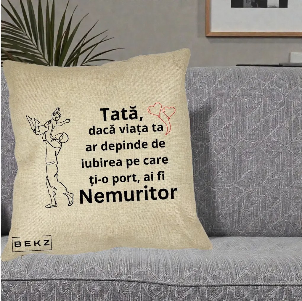 Cadou pentru Tata - Perna Personalizata Tata Nemuritor Joaca in Aer, 40x40 cm, Crem, Husa Detasabila, Perna Inclusa, BEKZ®