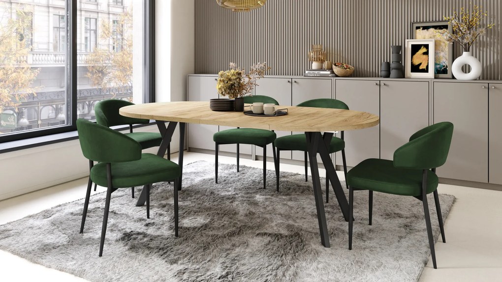 Mazzoni ALDO Stejar Craft Auriu/picioare negre - MASĂ ROTUNDĂ STIL LOFT PENTRU SALON/SUFRAGERIE EXTENSIBILĂ CU PICIOARE ÎN FORMĂ DE "Y"
