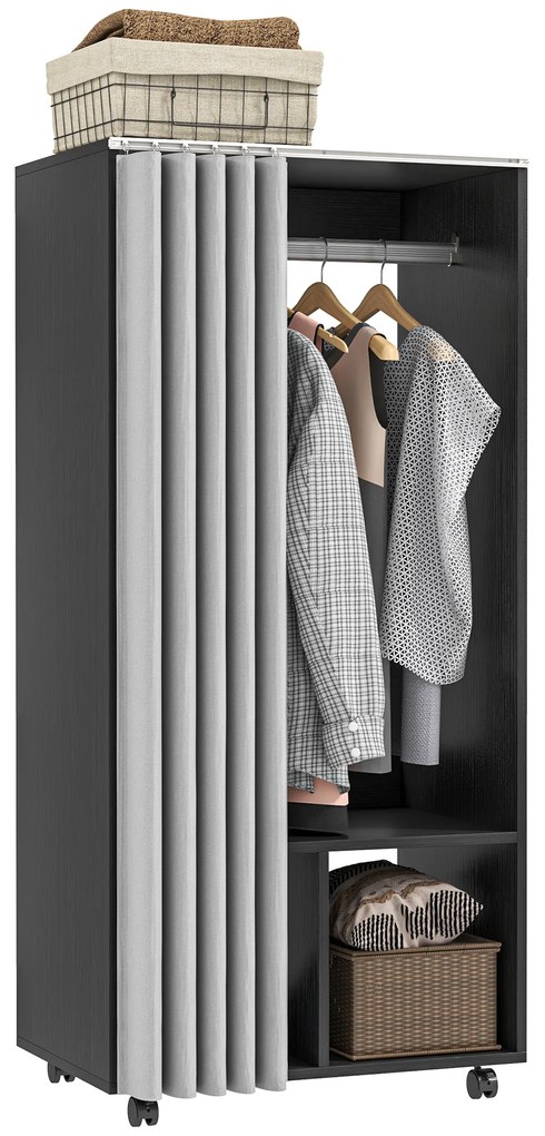 HOMCOM Dulap penderie Dulap de Depozitare Mobil cu cortină, Panouri de Particule, tijă suspendare, negru | Aosom Romania