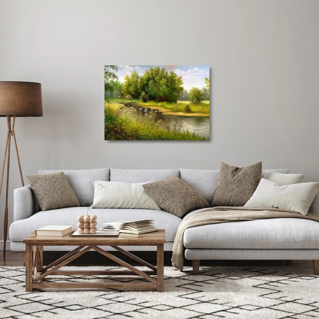Tablou pe sticlă - Râu lângă pădure, pictură în ulei (70x50 cm)