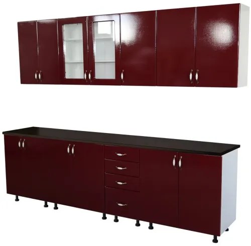 Bucatarie Zebra 260 cm din MDF Rosu Simplu cu blat termoizolant negru