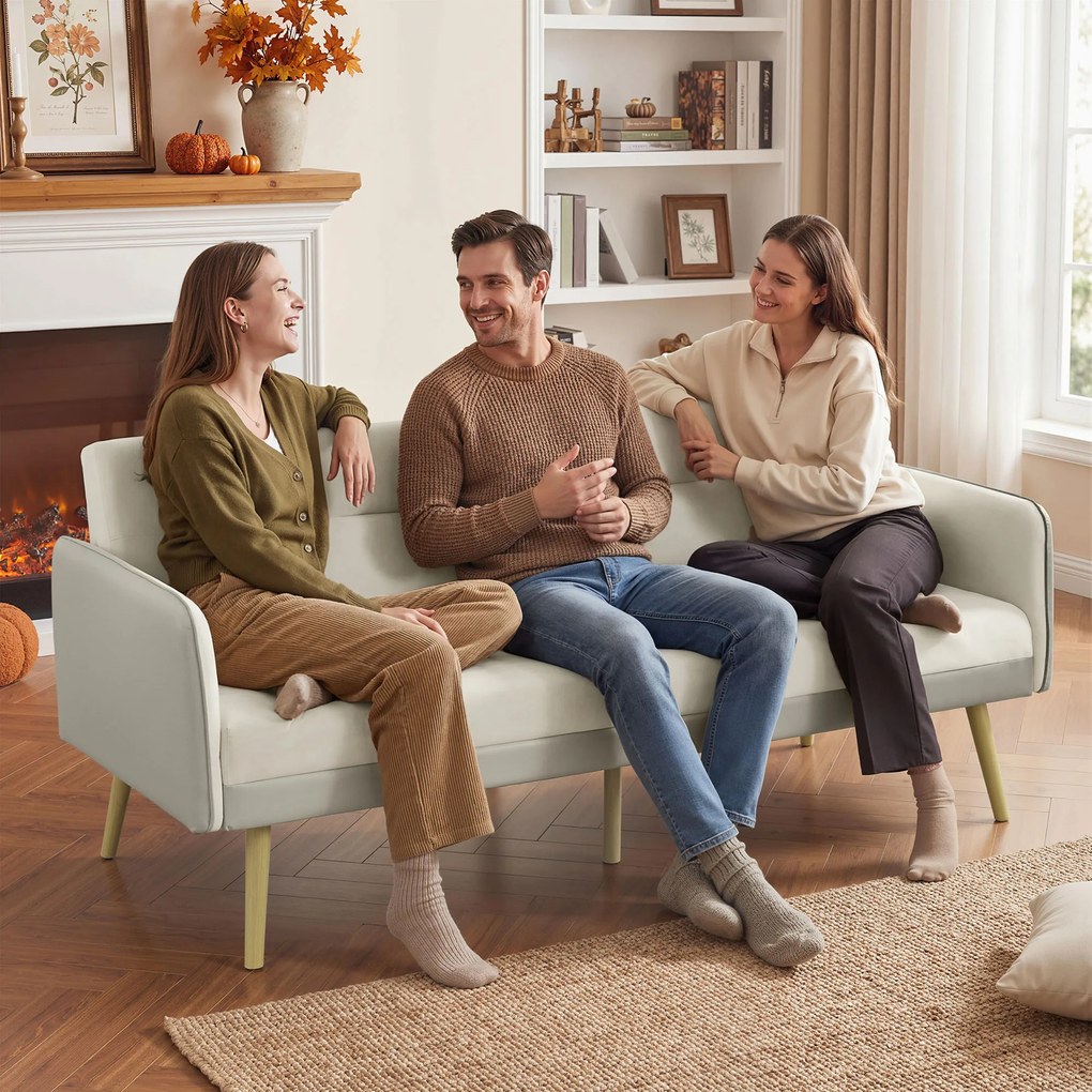 HOMCOM Canapea Extensibilă 3 Locuri Convertibilă cu Cotiere din PU, Colțar Reclinabil Clic Clac în Catifea cu Picioare Metalice și Cadru din Lemn, pentru Living sau Dormitor, 185x84x83 cm, Bej | Aosom Romania