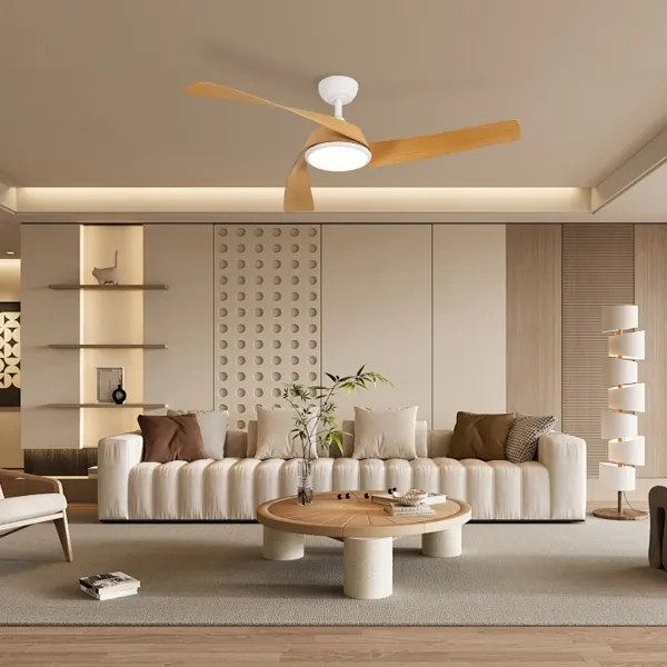 ZEVENTI - Ventilator de tavan LED AERYS, 24W, 230V, Wi‑Fi Tuya, alb/stejar + telecomandă