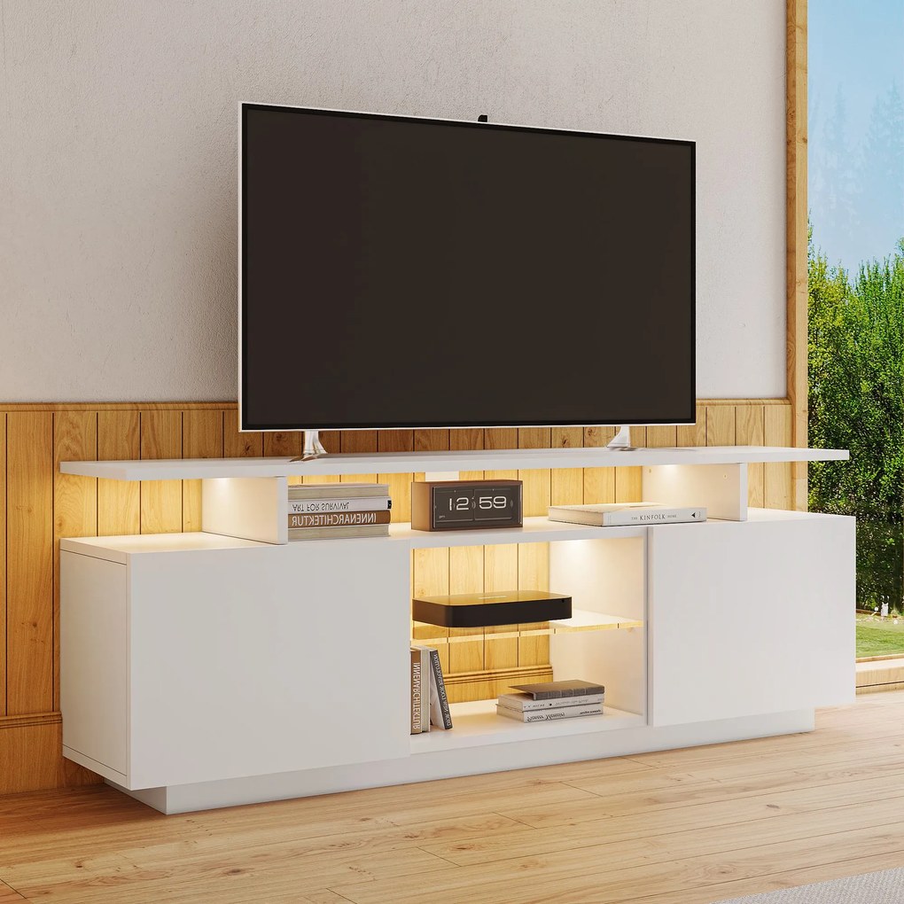 Modernă comodă TV cu iluminare LED în 16 culori, panou frontal lucios, raft de sticlă, 140×35×61 cm, Alb