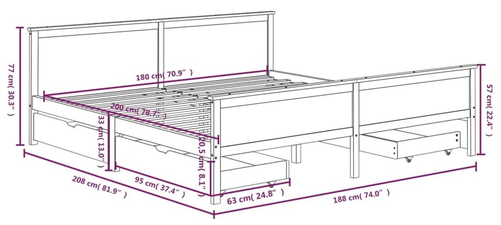 Cadru de pat cu 4 sertare maro miere 180x200 cm lemn masiv pin maro miere, 180 x 200 cm, 4 Sertare