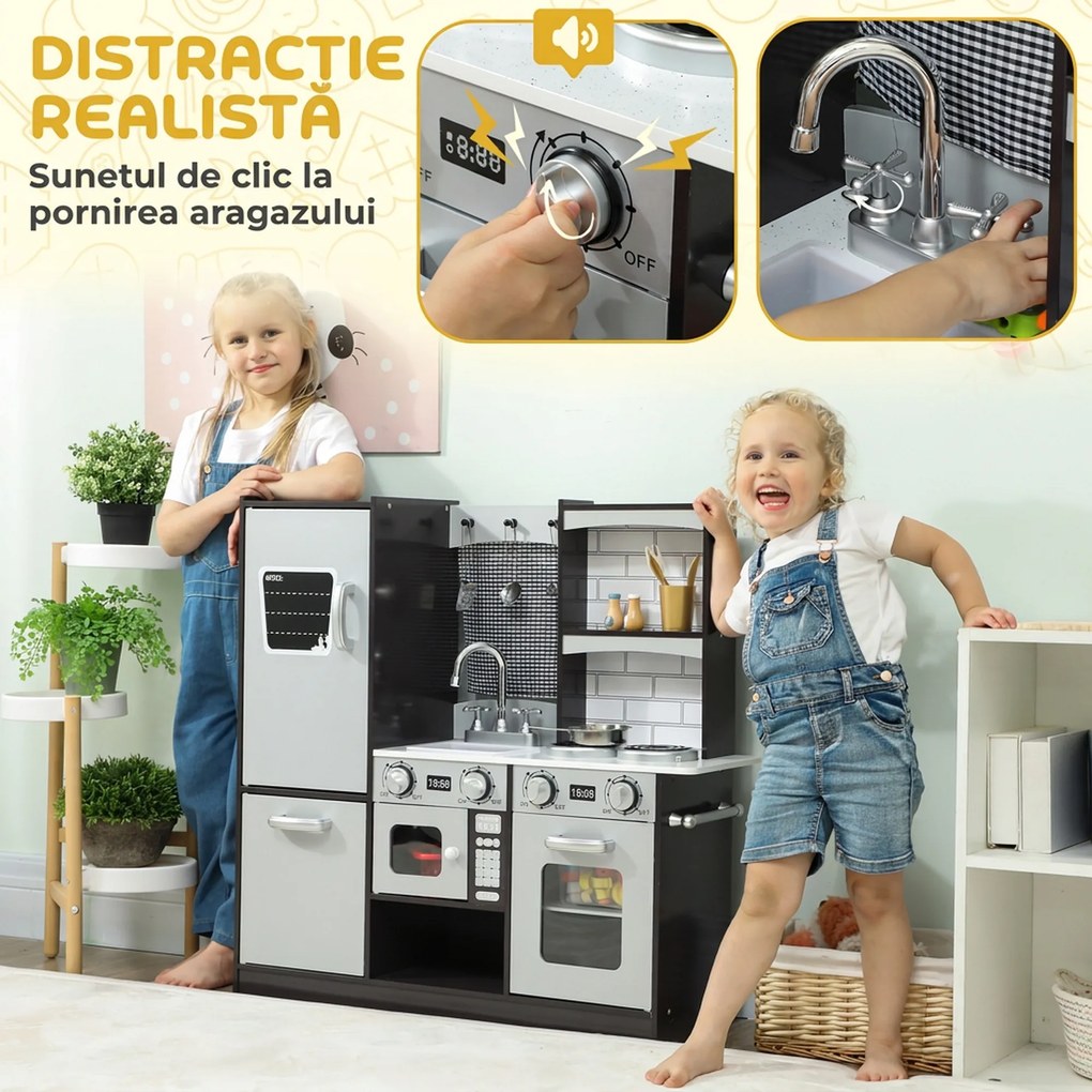 AIYAPLAY Bucătărie de Jucărie pentru Copii 3-8 Ani din Lemn cu Accesorii, Frigider, Chiuvetă și Buton cu Sunete, Maro | Aosom Romania