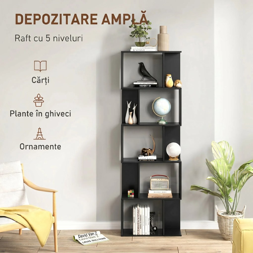 HOMCOM Bibliotecă cu 5 Rafturi Divizate în Formă de S din Lemn, 60x24x184.5 cm, Negru | Aosom Romania