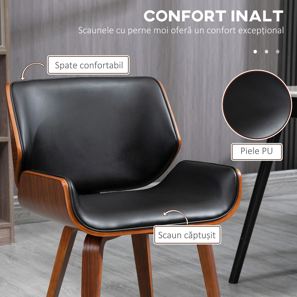 HOMCOM Set de 2 Scaune de Sufragerie Stil Vintage Îmbunătățite în Lemn și Piele Sintetică PU, Negru și Lemn | Aosom Romania