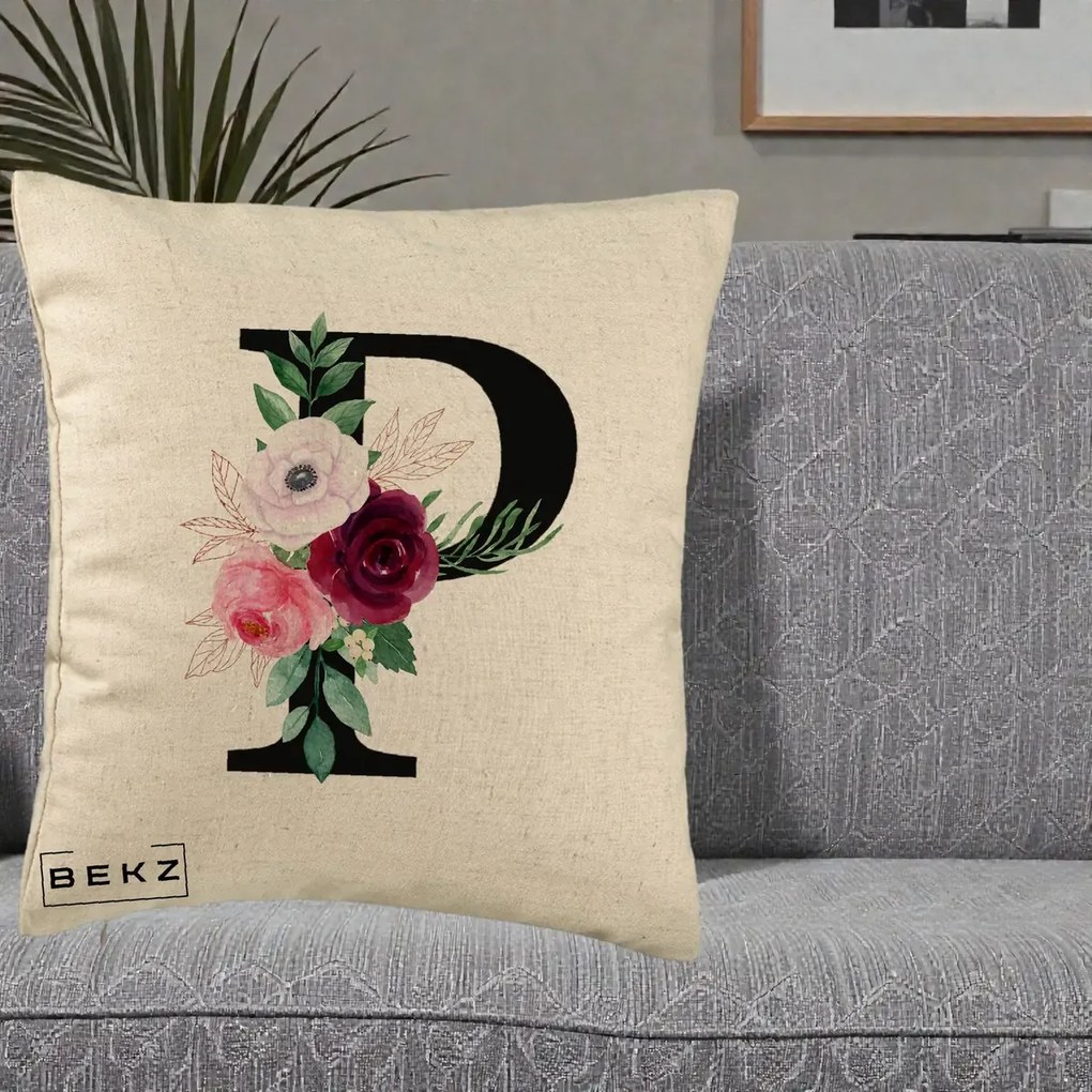 Cadou Personalizat - Perna Personalizata Monograma Florala Litera P, 40x40 cm, Bej, Husa Detasabila, Perna Inclusa, BEKZ®